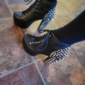 Jeffrey Campbell Silver Black Leather SPIKE LITA booties 6
